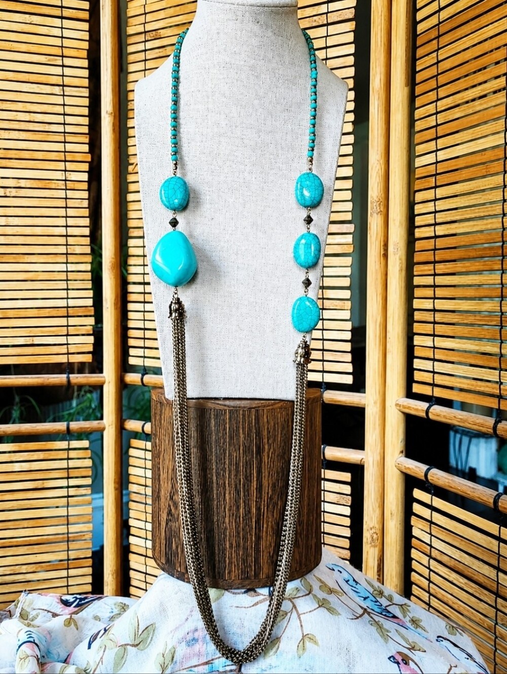 BEBE Spider Web Faux Acrylic Turquoise Brass Gold Tone Extra Long Necklace NWT